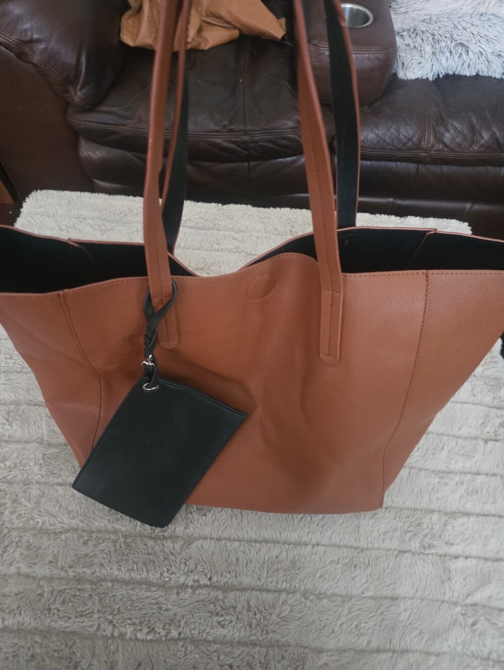 new directions Cognac Tote with Black Pouch